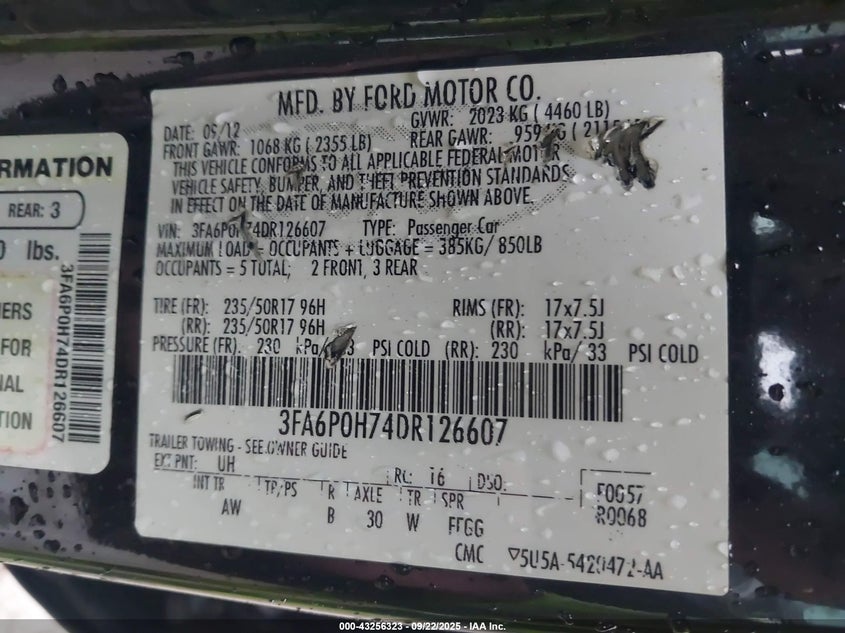 2013 Ford Fusion Se VIN: 3FA6P0H74DR126607 Lot: 43256323