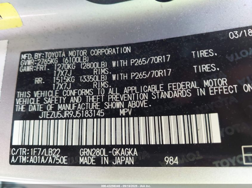 2018 Toyota 4Runner Sr5 Premium VIN: JTEZU5JR9J5183145 Lot: 43256346