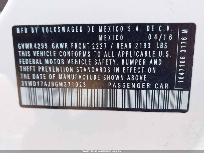 2016 Volkswagen Jetta 1.8T Sport VIN: 3VWD17AJ8GM371023 Lot: 43256348