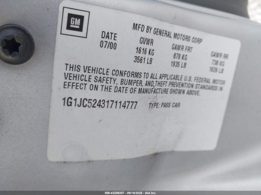 2001 Chevrolet Cavalier VIN: 1G1JC524317114777 Lot: 43256357