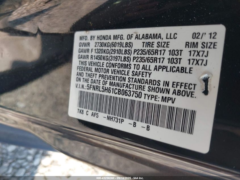 2012 Honda Odyssey Ex-L VIN: 5FNRL5H61CB063750 Lot: 43256360