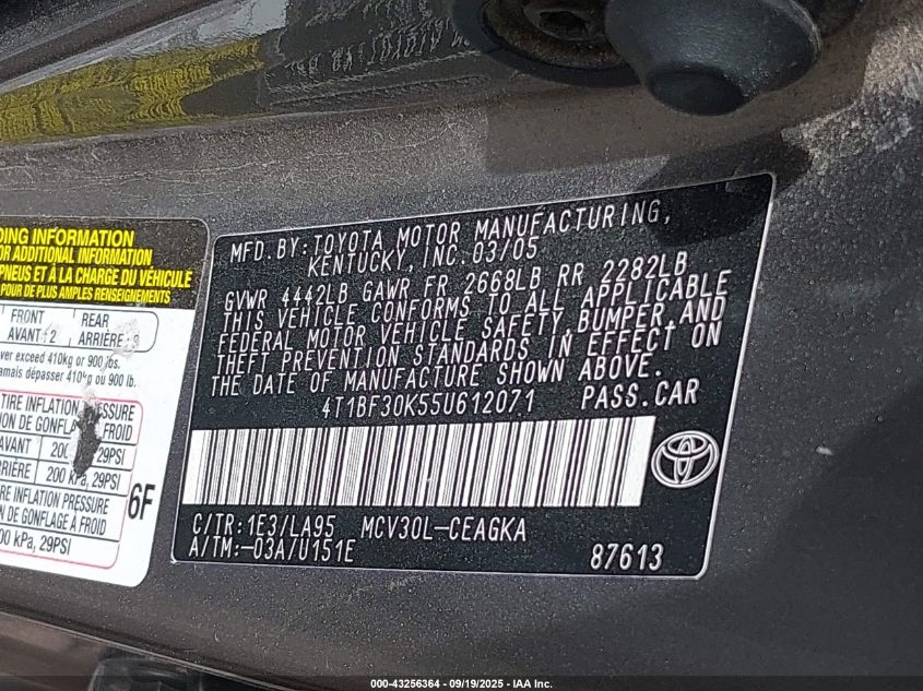 2005 Toyota Camry Xle V6 VIN: 4T1BF30K55U612071 Lot: 43256364