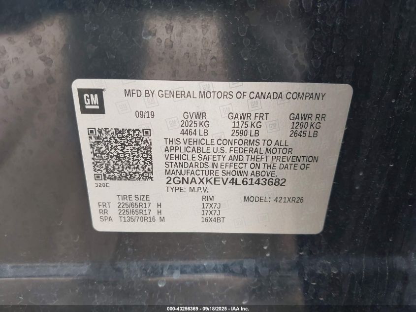 2020 Chevrolet Equinox Fwd Lt 1.5L Turbo VIN: 2GNAXKEV4L6143682 Lot: 43256369