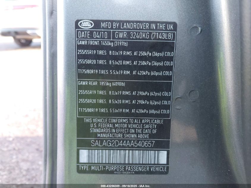 2010 Land Rover Lr4 VIN: SALAG2D44AA540657 Lot: 43256389