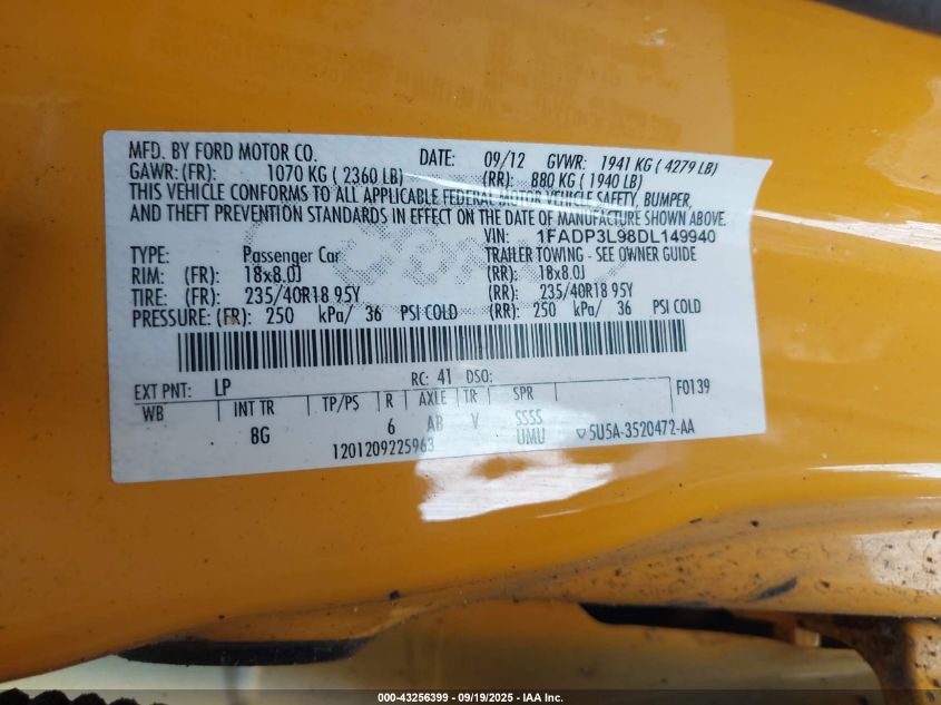 2013 Ford Focus VIN: 1FADP3L98DL149940 Lot: 43256399