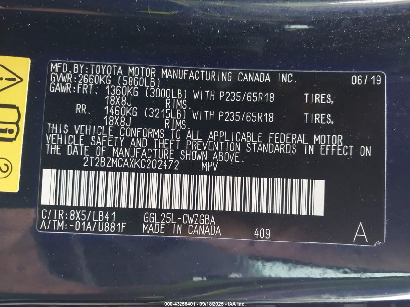 2019 Lexus Rx 350 VIN: 2T2BZMCAXKC202472 Lot: 43256401