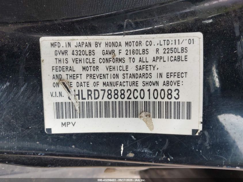2002 Honda Cr-V Ex VIN: JHLRD78882C010083 Lot: 43256403