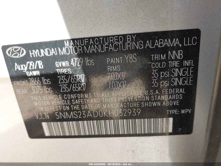 2019 Hyundai Santa Fe Se VIN: 5NMS23AD0KH032939 Lot: 43256408