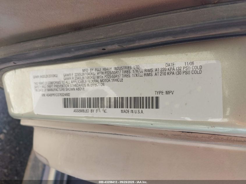 2007 Subaru Outback 2.5I VIN: 4S4BP61C076324682 Lot: 43256413