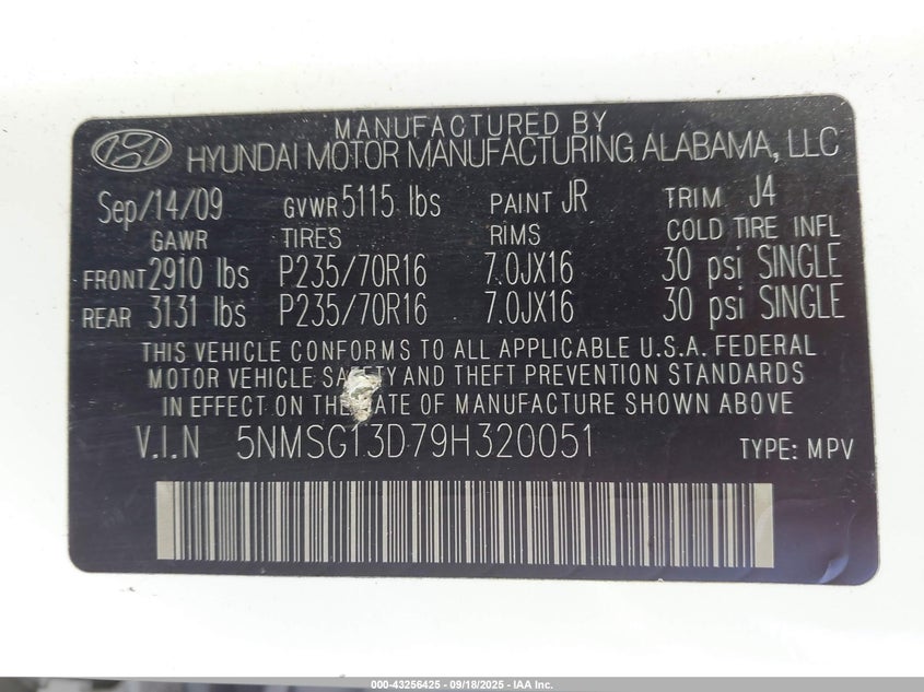 2009 Hyundai Santa Fe Gls VIN: 5NMSG13D79H320051 Lot: 43256425