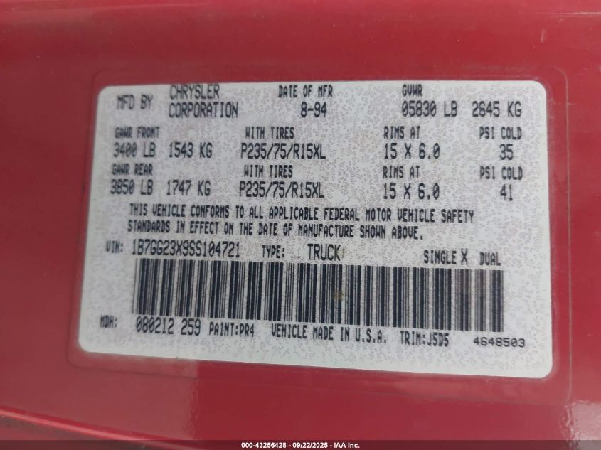 1995 Dodge Dakota VIN: 1B7GG23X9SS104721 Lot: 43256428