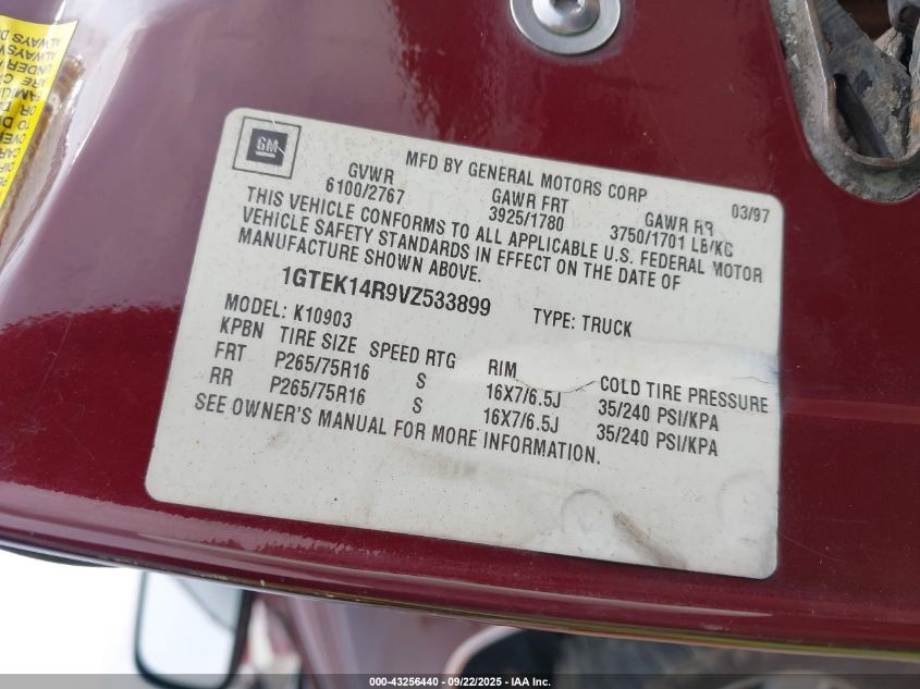 1997 GMC Sierra 1500 Sl Wideside VIN: 1GTEK14R9VZ533899 Lot: 43256440