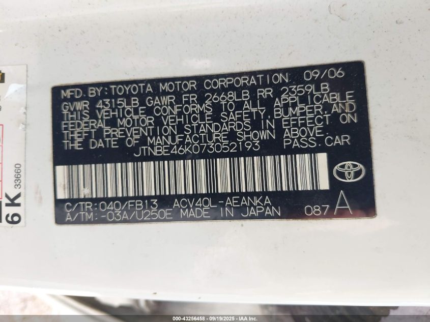 2007 Toyota Camry Le VIN: JTNBE46K073052193 Lot: 43256458