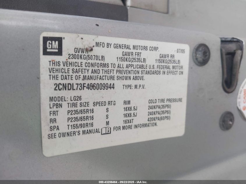 2006 Chevrolet Equinox Lt VIN: 2CNDL73F466009944 Lot: 43256464