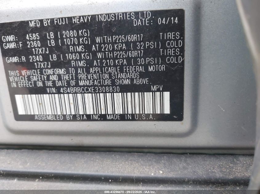 2014 Subaru Outback 2.5I Premium VIN: 4S4BRBCCXE3308830 Lot: 43256470