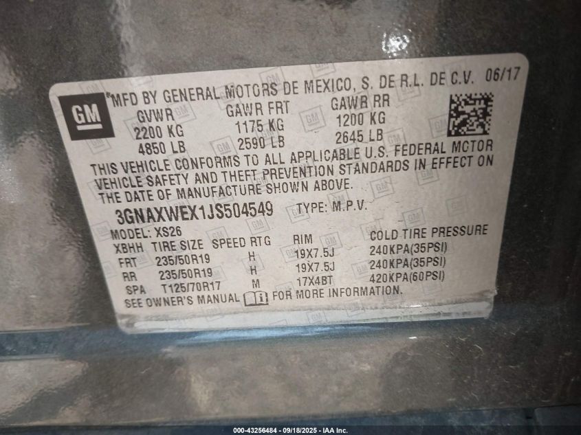 2018 Chevrolet Equinox Premier VIN: 3GNAXWEX1JS504549 Lot: 43256484