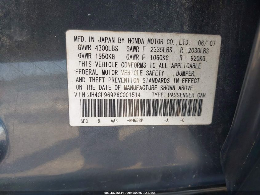 2008 Acura Tsx VIN: JH4CL96928C001514 Lot: 43256541