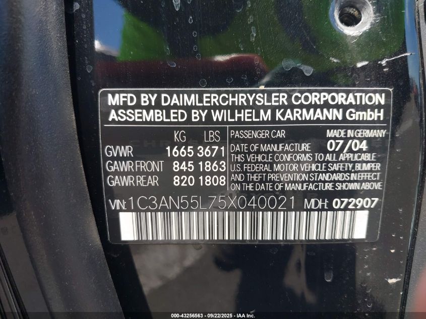 2005 Chrysler Crossfire VIN: 1C3AN55L75X040021 Lot: 43256563
