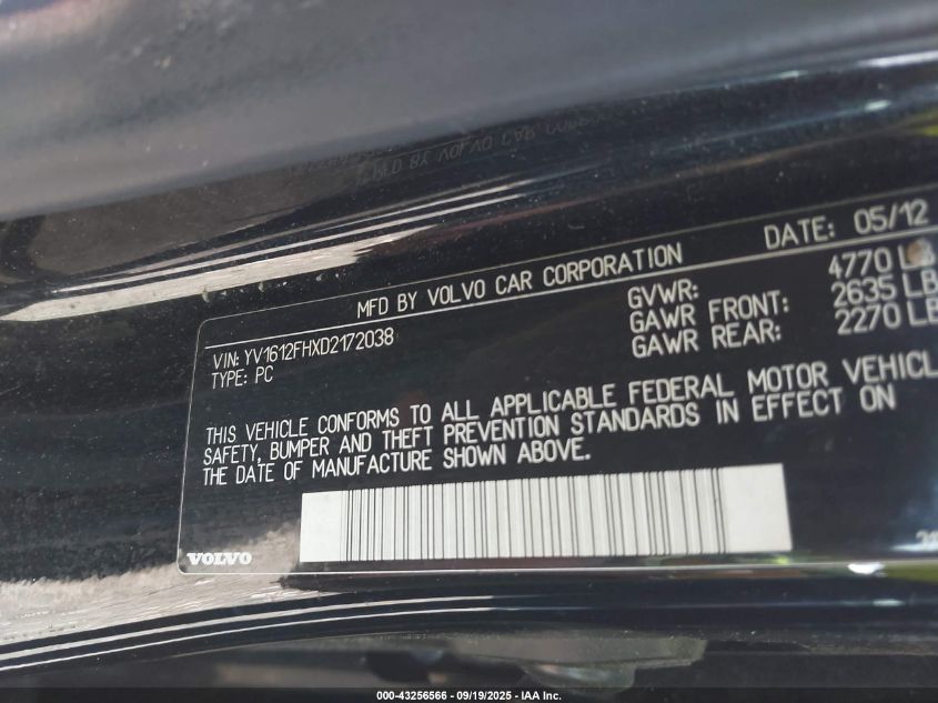 2013 Volvo S60 T5/T5 Platinum/T5 Premier/T5 Premier Plus VIN: YV1612FHXD2172038 Lot: 43256566