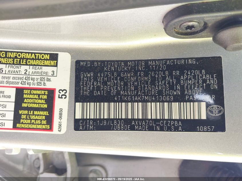 2021 Toyota Camry Xse VIN: 4T1K61AK7MU413069 Lot: 43256570