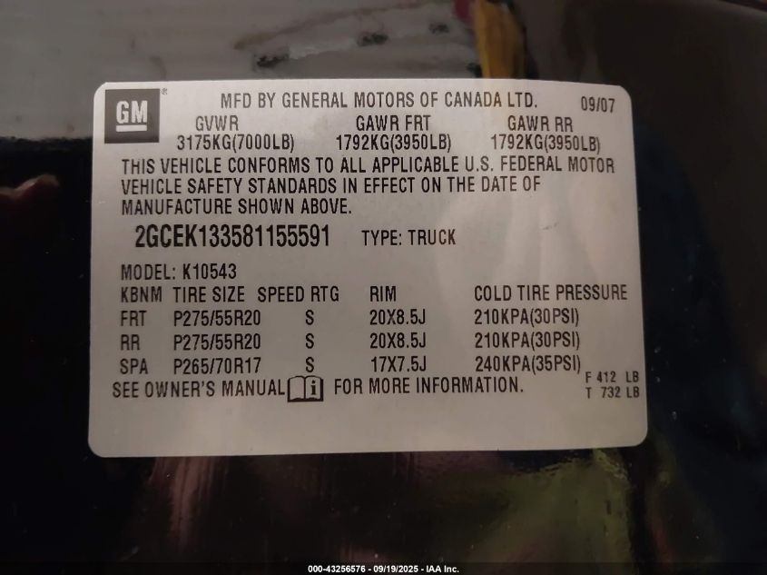 2008 Chevrolet Silverado 1500 Ltz VIN: 2GCEK133581155591 Lot: 43256576