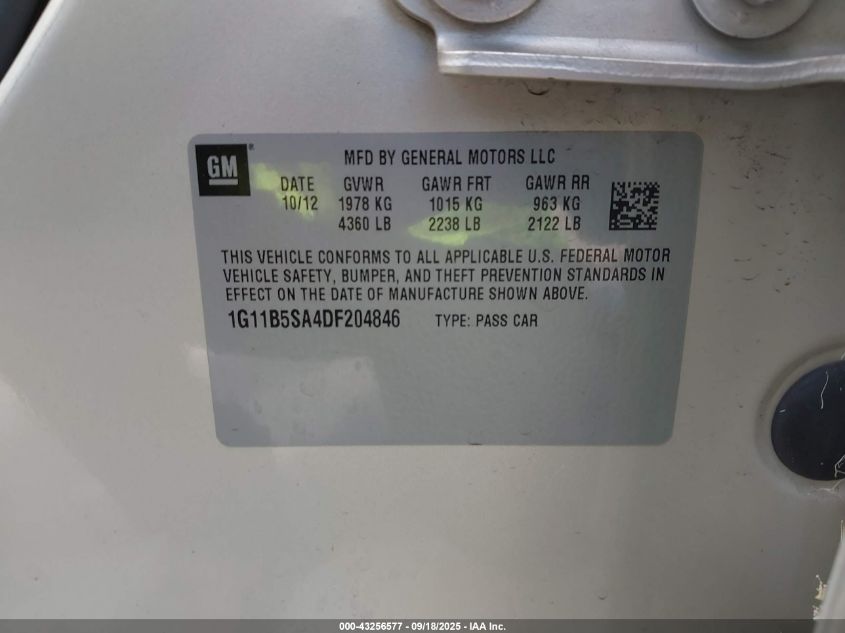 2013 Chevrolet Malibu 1Ls VIN: 1G11B5SA4DF204846 Lot: 43256577