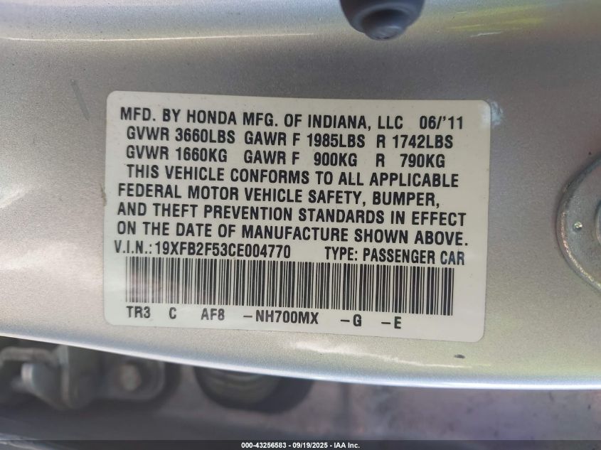 2012 Honda Civic Lx VIN: 19XFB2F53CE004770 Lot: 43256583