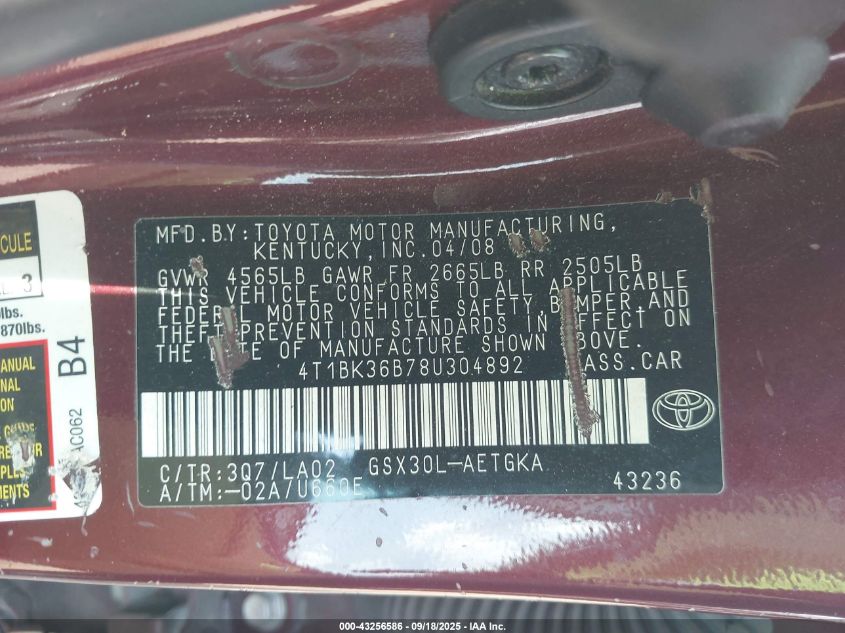 2008 Toyota Avalon Xls VIN: 4T1BK36B78U304892 Lot: 43256586