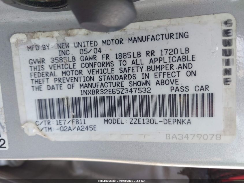 2005 Toyota Corolla Ce/S/Le VIN: 1NXBR32E65Z347532 Lot: 43256588