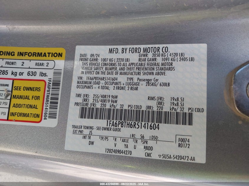 2024 Ford Mustang Ecoboost Fastback VIN: 1FA6P8TH6R5141604 Lot: 43256598