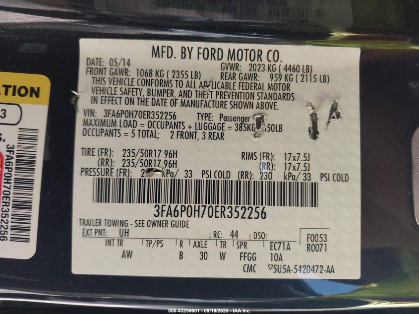 2014 Ford Fusion Se VIN: 3FA6P0H70ER352256 Lot: 43256601