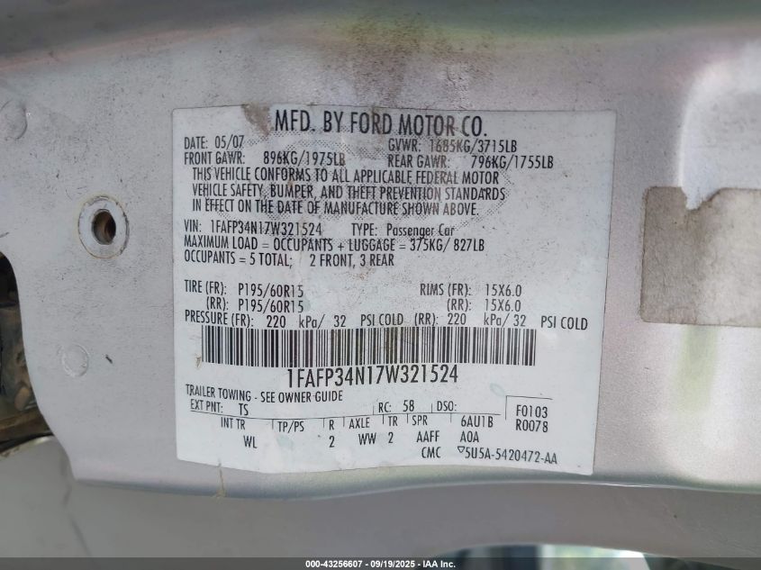 2007 Ford Focus S/Se/Ses VIN: 1FAFP34N17W321524 Lot: 43256607