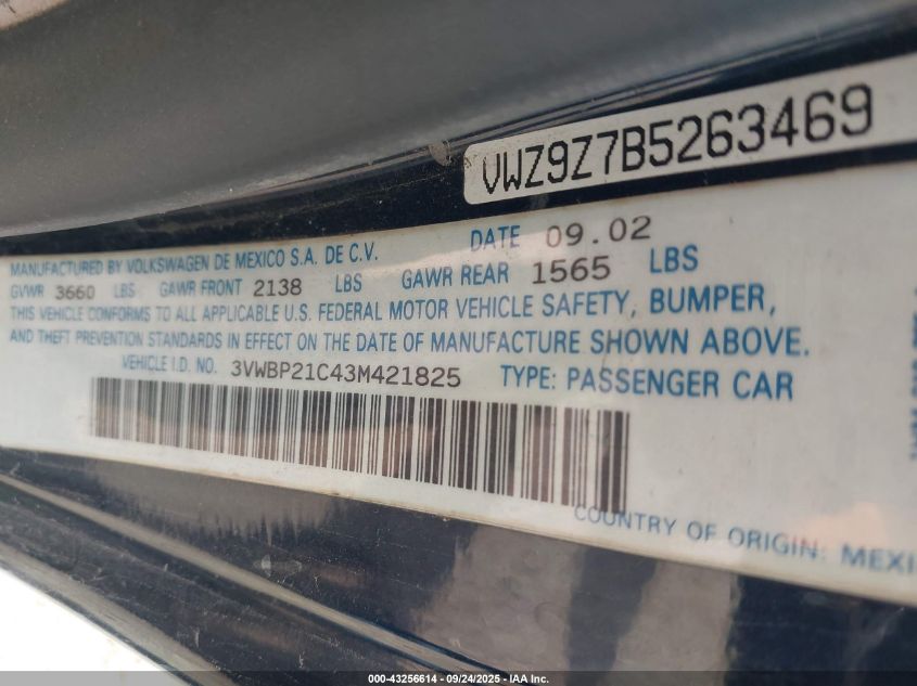 2003 Volkswagen New Beetle Gl Tdi VIN: 3VWBP21C43M421825 Lot: 43256614