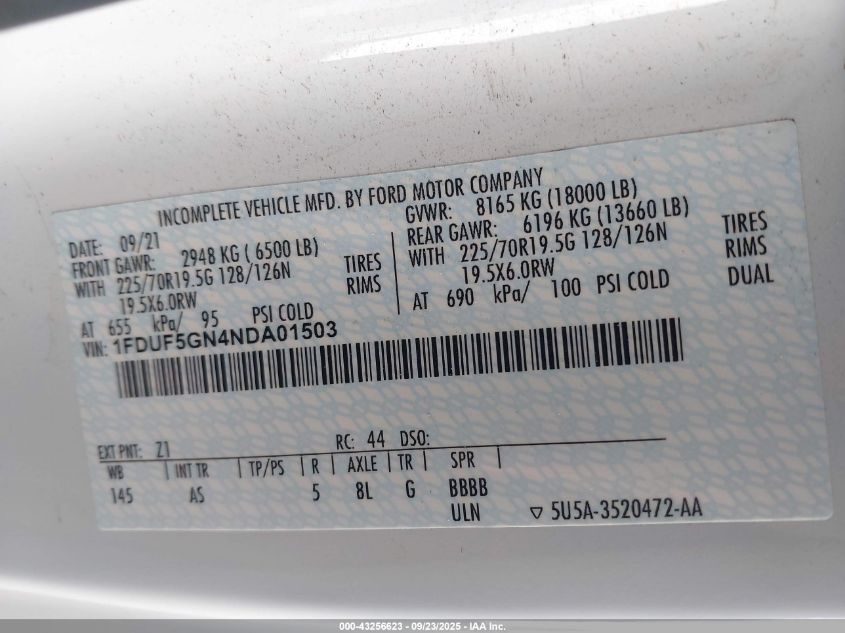 2022 Ford F-550 Chassis Xl VIN: 1FDUF5GN4NDA01503 Lot: 43256623