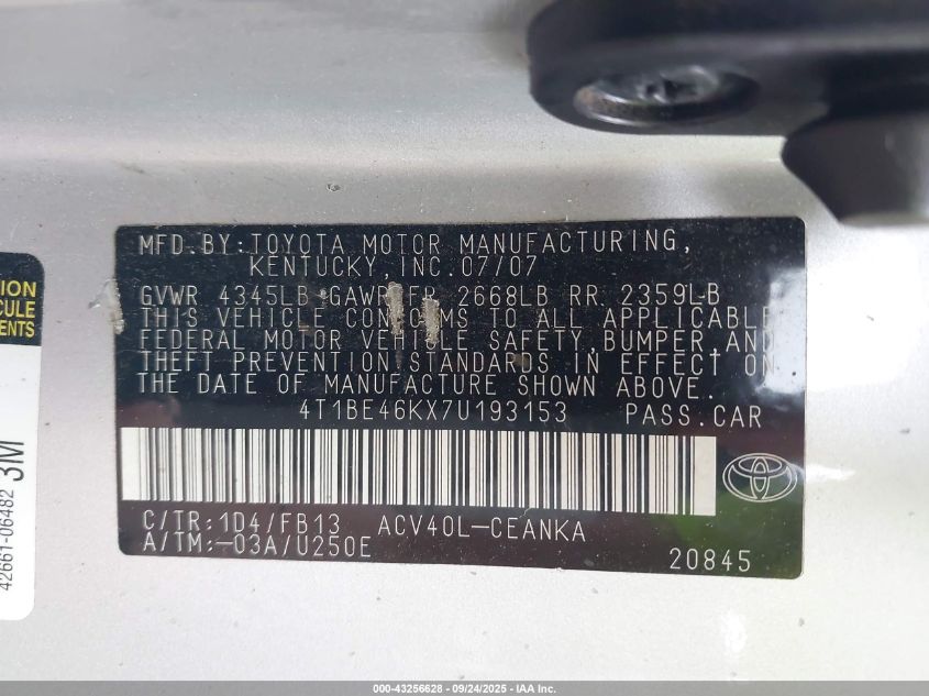 2007 Toyota Camry Le VIN: 4T1BE46KX7U19315 Lot: 43256628