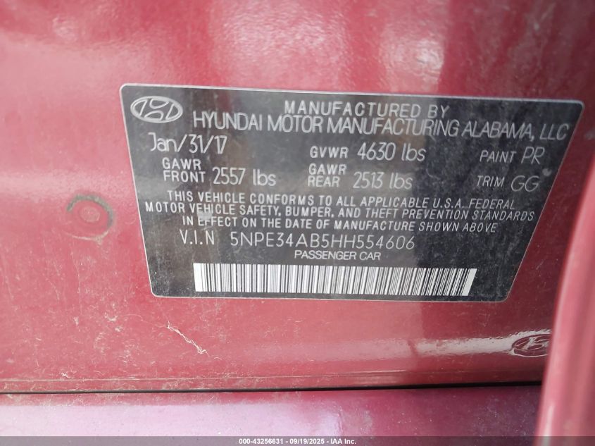 2017 Hyundai Sonata Sport 2.0T VIN: 5NPE34AB5HH554606 Lot: 43256631