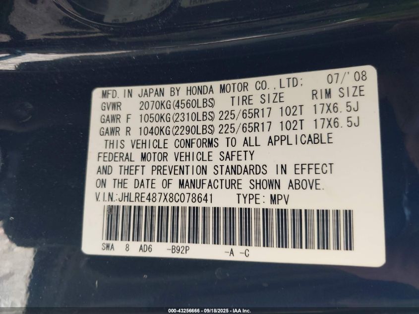 2008 Honda Cr-V Ex-L VIN: JHLRE487X8C078641 Lot: 43256666