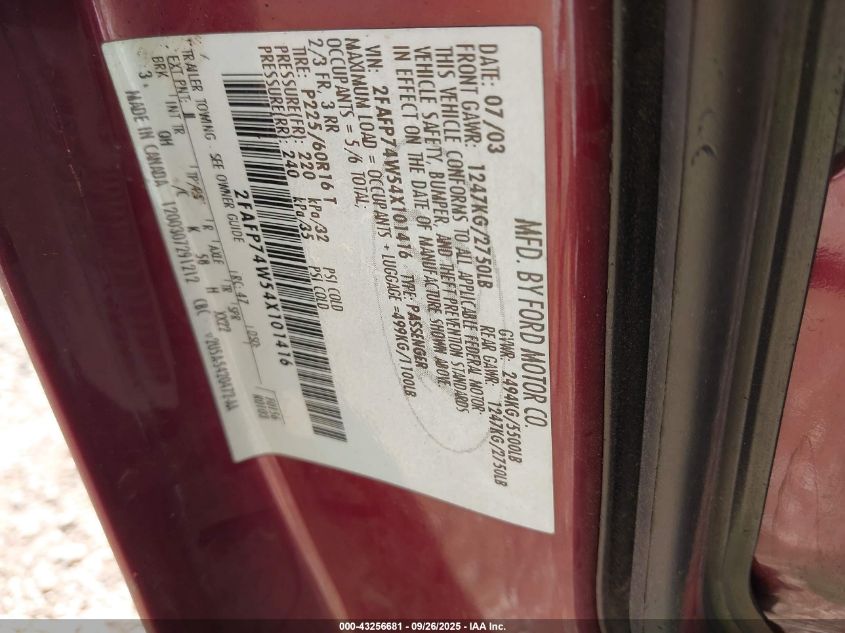 2004 Ford Crown Victoria Lx VIN: 2FAFP74W54X101416 Lot: 43256681