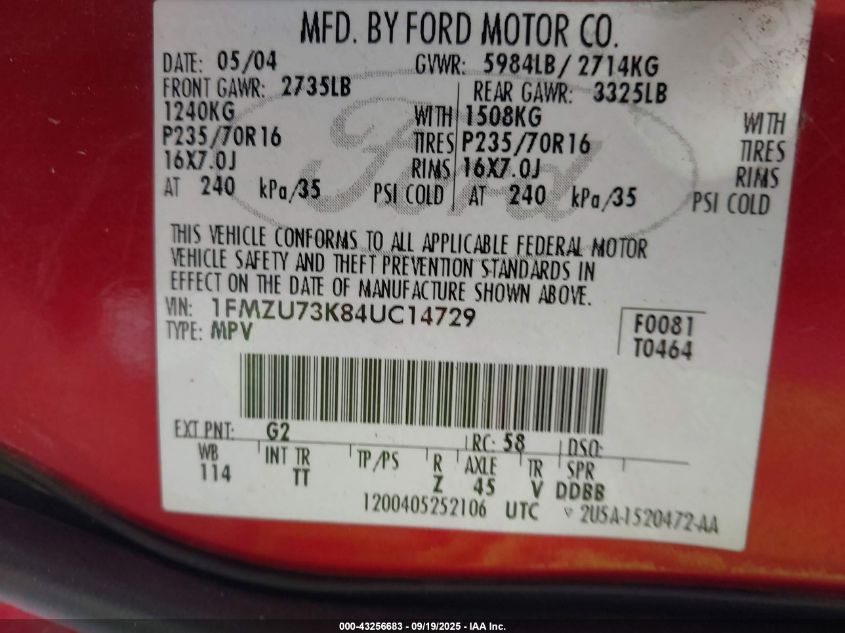 2004 Ford Explorer Nbx/Xlt VIN: 1FMZU73K84UC14729 Lot: 43256683