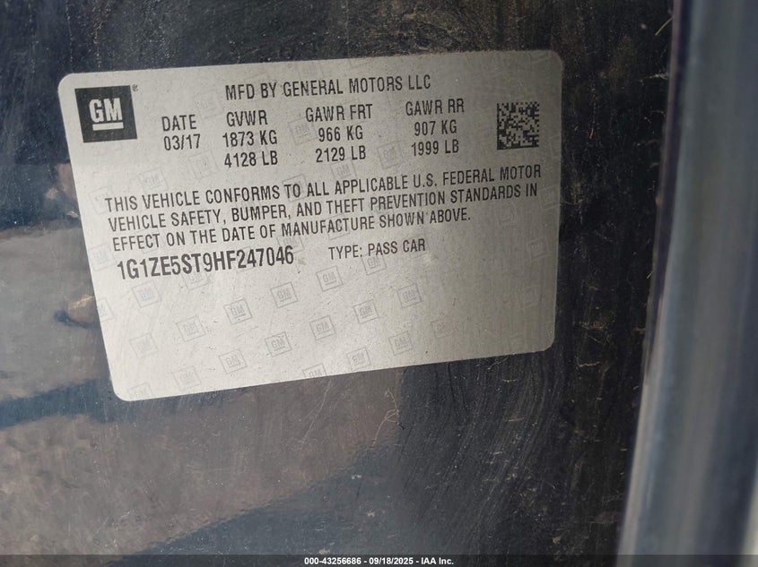 2017 Chevrolet Malibu 1Lt VIN: 1G1ZE5ST9HF247046 Lot: 43256686
