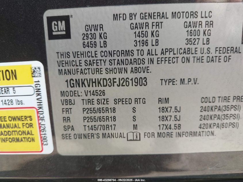 2015 Chevrolet Traverse 2Lt VIN: 1GNKVHKD3FJ261903 Lot: 43256704