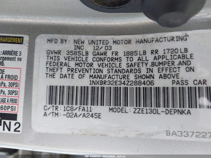 2004 Toyota Corolla Le VIN: 1NXBR32E34Z288406 Lot: 43256707