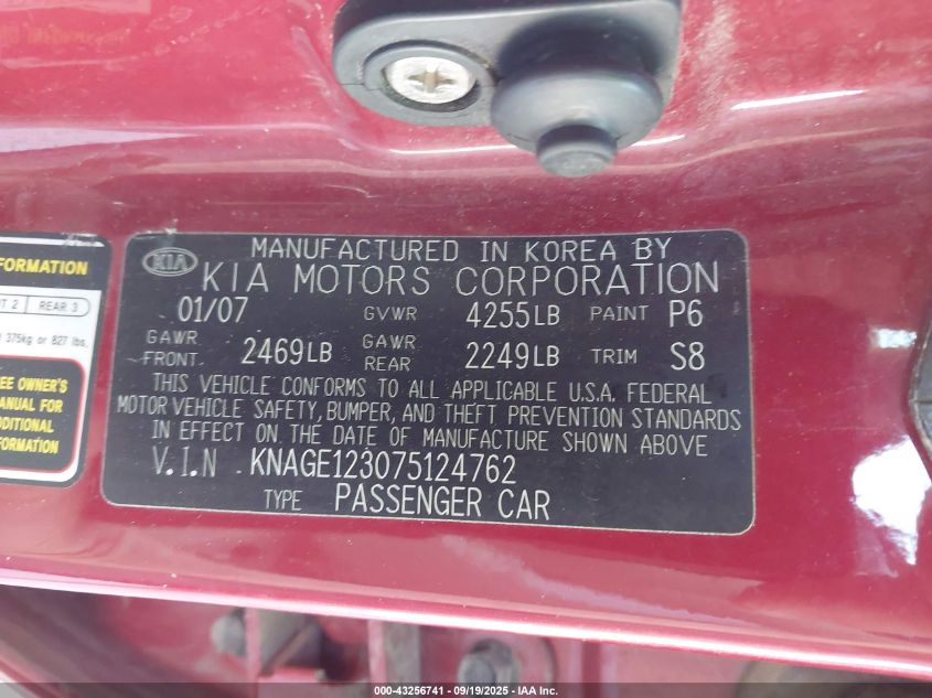 2007 Kia Optima Lx VIN: KNAGE123075124762 Lot: 43256741