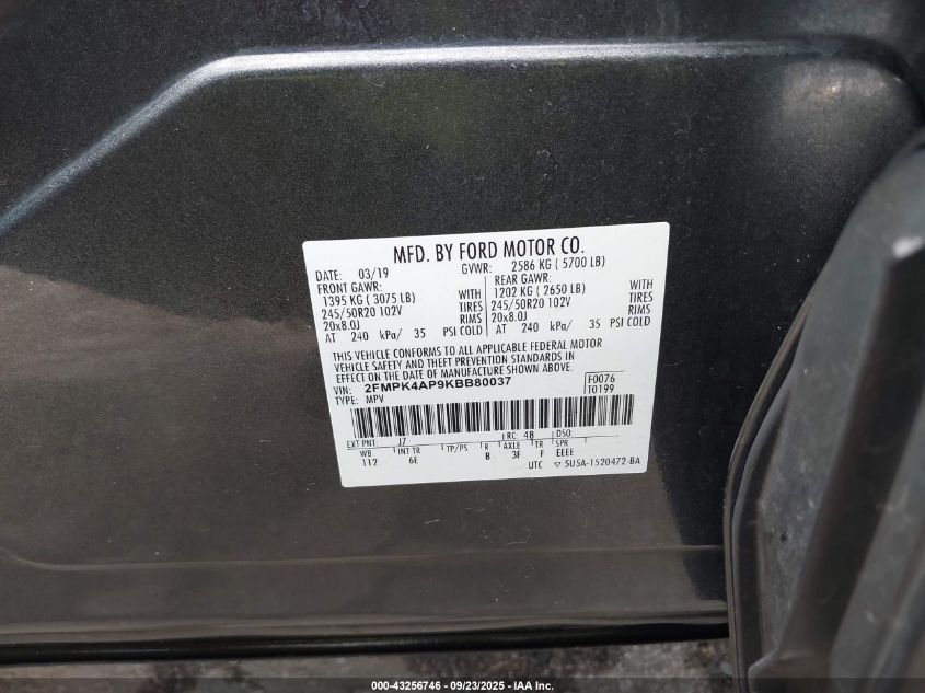 2019 Ford Edge St VIN: 2FMPK4AP9KBB80037 Lot: 43256746