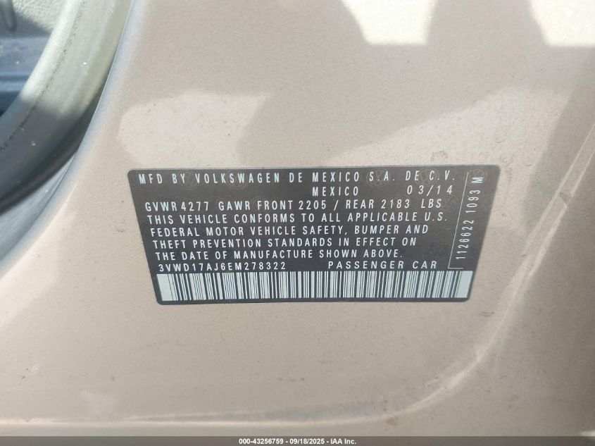 2014 Volkswagen Jetta 1.8T Se VIN: 3VWD17AJ6EM278322 Lot: 43256759