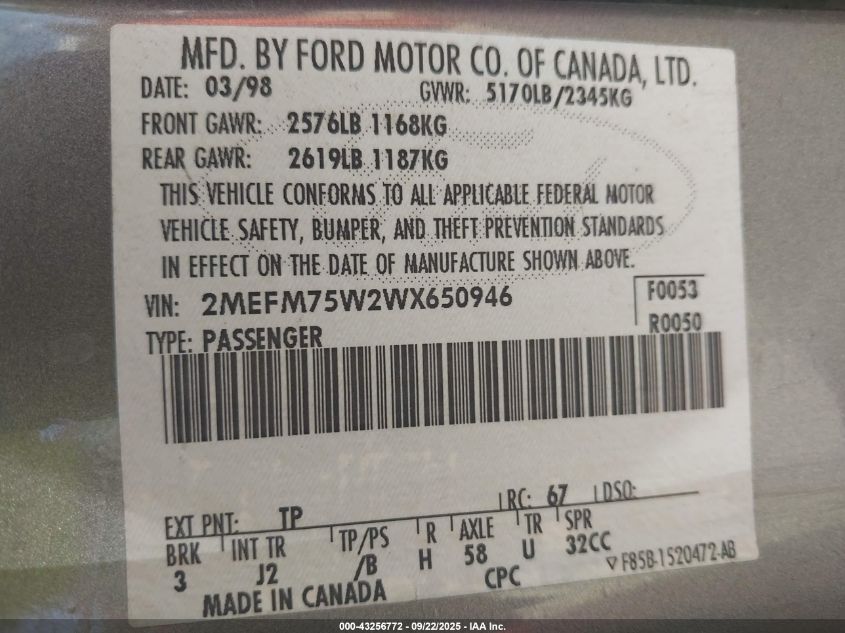 1998 Mercury Grand Marquis VIN: 2MEFM75W2WX650946 Lot: 43256772