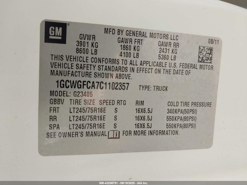 2012 Chevrolet Express 2500 Work Van VIN: 1GCWGFCA7C1102357 Lot: 43256791