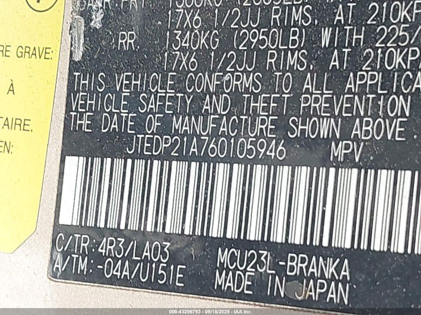 2006 Toyota Highlander Limited V6 VIN: JTEDP21A760105946 Lot: 43256793