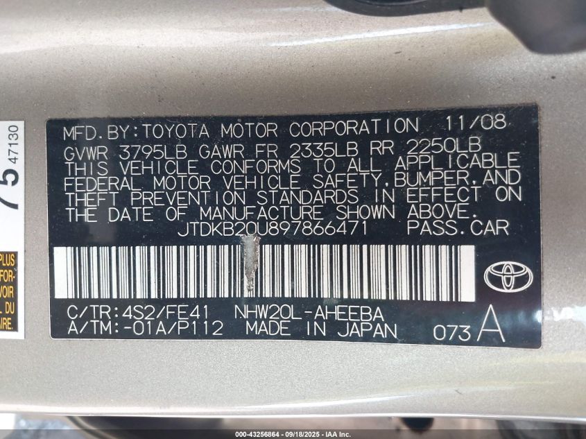 2009 Toyota Prius VIN: JTDKB20U897866471 Lot: 43256864