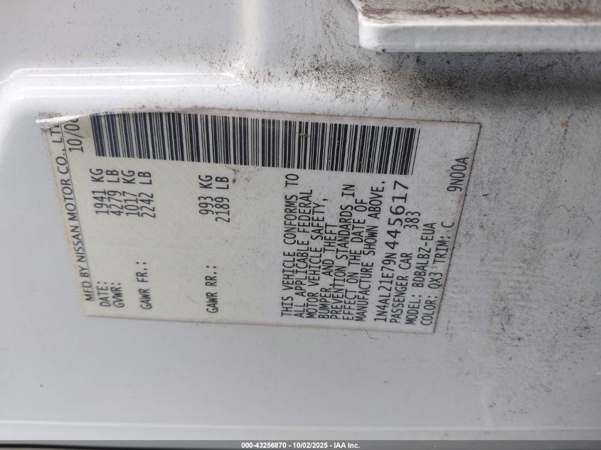 2009 Nissan Altima 2.5 S VIN: 1N4AL21E79N445617 Lot: 43256870